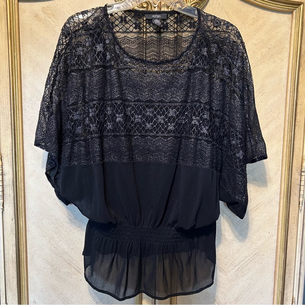 Alfani Black Metallic Lace Dolman Sleeve Elastic Waist Tank & Blouse New NWOT